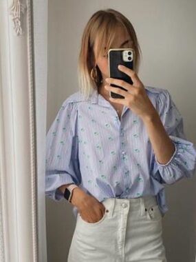 Zara Blue & White Striped Button-Down with Green Floral Accents puff